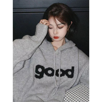Getadme-Y2k Vintage Grey Sweater Pullover Women Streetwear 90s Aesthetic Oversize Jumper Harajuku Fashion Casual Knitted Top